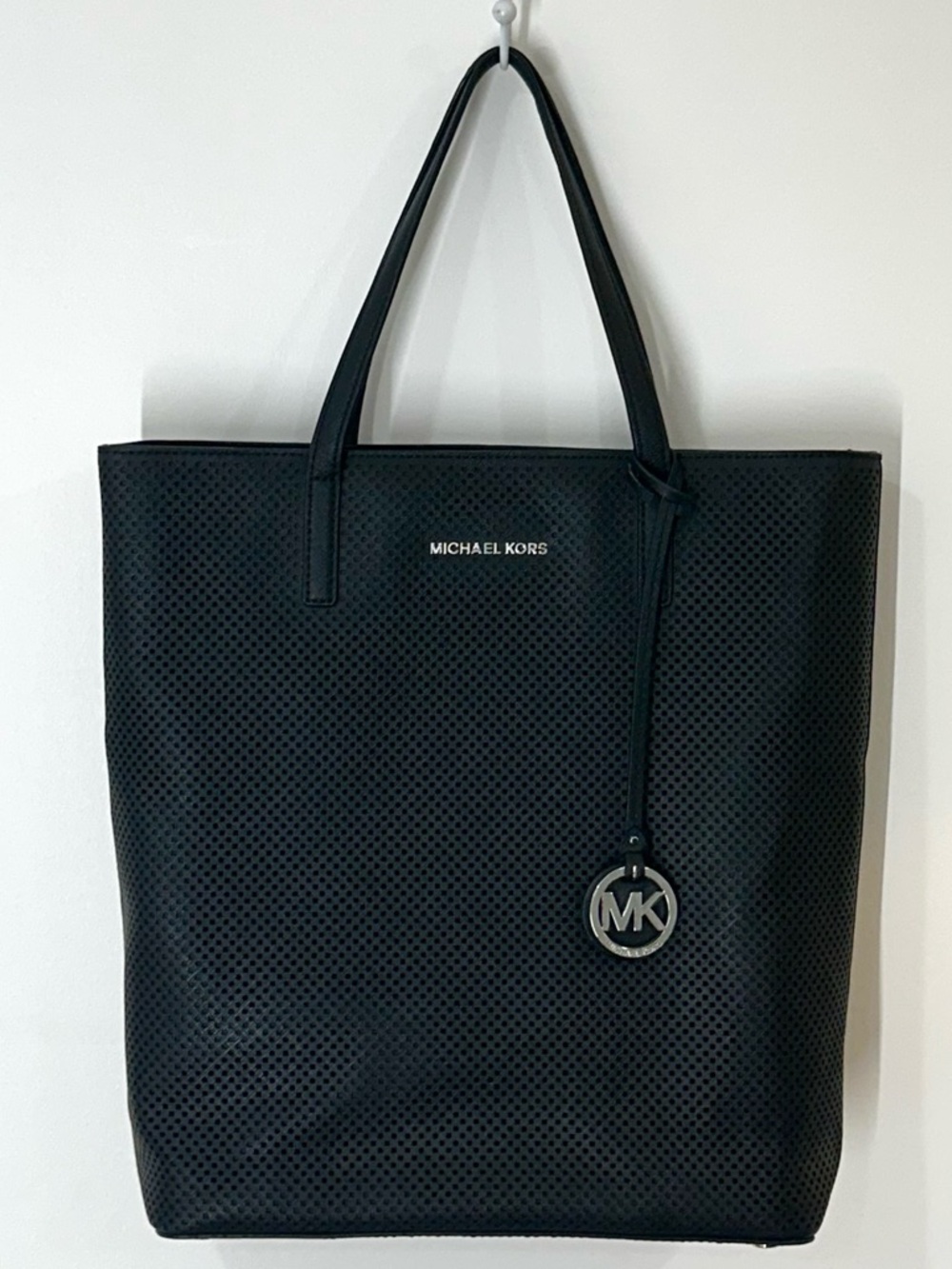 NWOT Michael Kors Black Perforated Tote Bag Large MK Charm Logo Shoulder Handbag